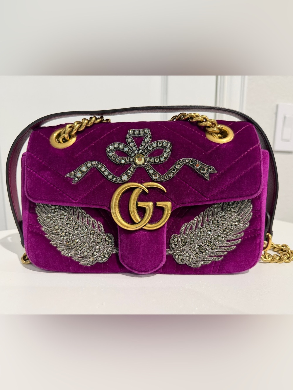 Gucci GG Marmont Mini Velvet Bag Fuchsia Crystal Bow & Wing Embroidered